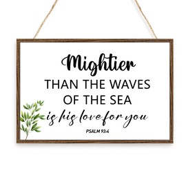 Psalm 93:4-Mightier Than the Waves of the Sea Sign,Inspirational Bible Verse Wooden Hanging Sign for Bedroom Church,Motivational Christian Wall Art Decor