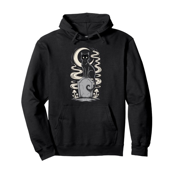 Black Gothic Cat Moon Tombstone Gravestone Dark Academia Pullover Hoodie
