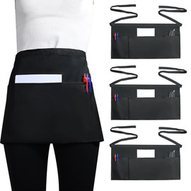 NiceTatertay Server Waitress Waist Apron 3-Pocket Half Aprons 2 Pack Black Short Aprons for Waiters Servers