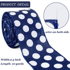 Leecogo Ribbon Wired,2 1/2”x10 Yard,Navy Blue Polka Dots Ribbon for Easter,Independence Day, Christmas, Wreath, Spring, Summer, Wedding, Baby Shower, Birthday