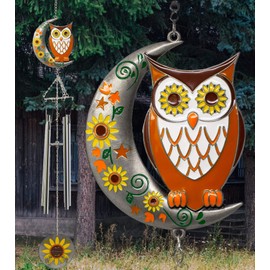 BANBERRY DESIGNS Owl Windchime Garden Welcome - Colorful Owl with Sunflowers and a Moon Design - Welcome Hanging Sun Flower Pendant