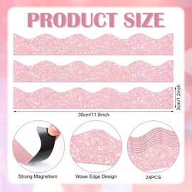 Qeeenar 24 Pcs Light Pink Glitter Magnetic Borders for Classroom Glitter Bulletin Board Borders Whiteboard Chalkboard Shine Strips Trim Scalloped School Bulletin Board Decorations