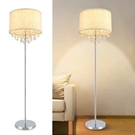 DLLT Crystal Living Room LED Floor Lamp-Bedroom Standing Lights, Elegant Tall Pole Accent Lighting for Mid Century, Modern & Contemporary Rooms, Warm Light with US Plug in, Silver, Fabric Shade