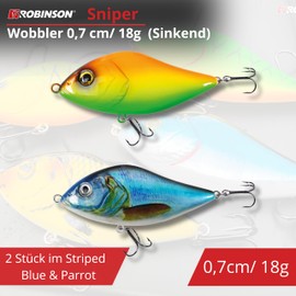 Robinson Fishing Lure for Large Predatory Fish - Jerkbait Wobbler, Spinning and Trolling, Three Depth Variations - Sniper (Blue & Parrot, 70 mm - 18 g - Sinking)