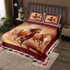 Manfei Galloping Horse Bedspread Queen Size, Animal Theme Quilted Coverlet with 2 Pillowcases, Rustic Farmhouse Burgundy Coverlet Set 3pcs for Kids Boys Room Decor, Soft Polyester Bedding Quilt