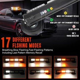 OPPBUY 14.2'' Amber White Wireless LED Rooftop Strobe Beacon Light Bar Rechargeable LED Emergency Hazard Warning Lights with Magnetic Base,17 Flashing Modes Strobe Light Bar for 12/24V Car,Truck