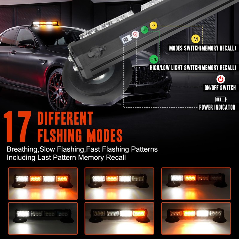 OPPBUY 14.2'' Amber White Wireless LED Rooftop Strobe Beacon Light