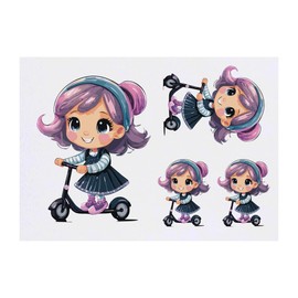 4 x 'Little Girl Riding A Scooter' Temporary Tattoos - Water Resistant, Skin-Safe, Non-Toxic Transfers, Mixed Sizes (TO00072466)