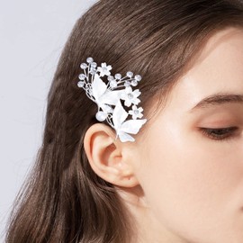 TseenYi Wedding Flower Hair Clip Silver Crystal Barrette Beads Hair Clip Butterfly Hair Clip Pearls Hair Clip Rhinestone Bridal Hair Accessories for Women and Girls