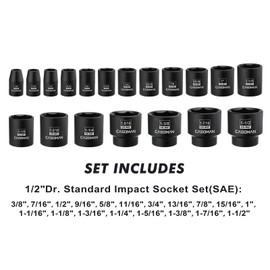 CASOMAN 19 Piece 1/2-Inch Drive Standard Impact Socket Set, SAE, Shallow, 3/8" to 1-1/2", Cr-Mo Alloy Steel, Radius Corner Design, Impact Grade
