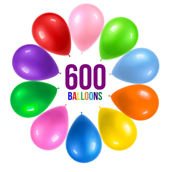 Prextex 600 Party Balloons 12 Inch 10 Assorted Rainbow Colors - Bulk Pack of Strong Latex Balloons for Party Decorations, Birthday Parties Supplies or Arch Decor - Helium Quality