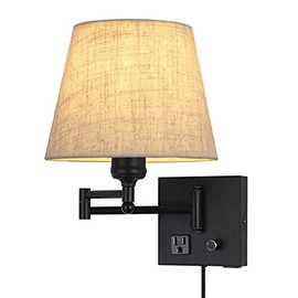 Bedside Wall Mount Light with Dimmable Switch and Outlet, Swing Arm Fabric Shade Wall Sconce Light with USB Port and Plug in Cord, Black Wall Lamp for Bedroom, Living Room and Hotel