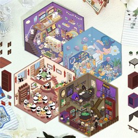 4 Sets DIY 3D House Stickers, DIY 3D Sticker Scene, 3D Miniature Scene Stickers, Funny Cute Korean Cartoon Sticker Scenes for Kids Adults, Make Your Own Stickers (Multicolor)