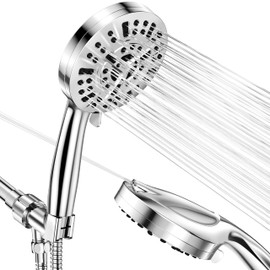 10-Mode Handheld Shower Head Set, High Pressure Shower Head with 59” Stainless Steel Hose and Adjustable Brass Bracket, All Chrome Finish（Model:HS-18-04）