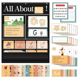 BOHEMIABY All About Letters Pocket Chart with ABC Flash Cards, 34" X 27", Letter of The Day/Week Daypocket Chart, Letter Tracing Learning Educational Wall Chart Preschool Classroom Homes, Black