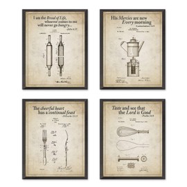 Kitchen Patent Bible Verse Christian Wall Art Prints, Set of 4, Unframed, Vintage Kitchen Photo Prints, John 6:35, Lamentations 3:23, Proverbs 15:15, Psalm 37:4, 8x10