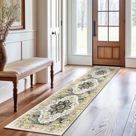 BESTSWEETIE 2x8 Area Rug Washable Rugs for Living Room, No Pile Boho Carpet for Entryway Bedroom Dinning Room, Vintage Carpet Print Distressed Non-Slip, 2 x 8 ft, Grey Brown