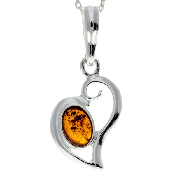 925 Sterling Silver & Cognac Baltic Amber Designer Heart Pendant