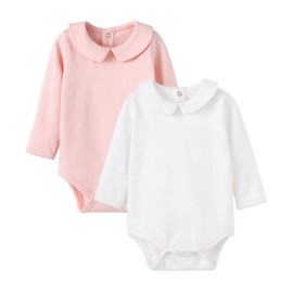 pureborn 2-Pack Baby Girls Bodysuit Long Sleeve Peter-pan Collar Romper Soft Cotton One-Piece White + Pink 12-18 Months