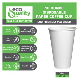 EcoQuality 16oz White Paper Coffee Cups - Disposable Coffee Cups - Hot Drink, Tea, Coffee, Cappuccino, Hot Chocolate, Chai, Chai Latte (100)