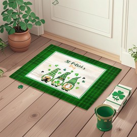 St Patricks Day Welcome Mat 17.9" x 29.9" Non-Slip Buffalo Check Plaid Green Clover Shamrock Doormat Entrance Floor Mat Spring Home Decor for Indoor Outdoor