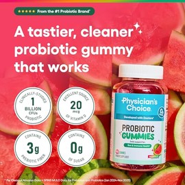 Physician's CHOICE Probiotic Gummies with Vitamin D & Prebiotic Fiber - Sugar Free - 1B CFUs of Clinically Studied Probiotic - Supports Immune & Gut Health for Women & Men - Watermelon Flavor - 60CT
