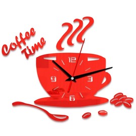 Acrylic Wall Clock, DIY Acrylic Wall Clock Modern Mute Coffee Time Clock Cup Shape Wall Sticker Hollow Numeral Clock for Office, Home, Bathroom, Kitchen, Bedroom (Red)