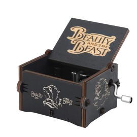 Huntmic Wooden Beauty and The Beast Music Box,Hand Crank Classic Antique Carved Wood Musical Boxes Birthday for Kids Children Black