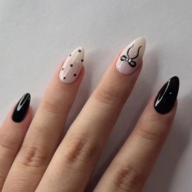 30Pcs Black Wave Point Press on Nails - Short Almond Shape With White Bow Designs - Glossy Acrylic False Nails for Women - Manicure Supplies
