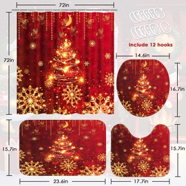 Nesphy Bathroom Sets with Shower Curtain and Rugs, 4 Pcs,Christmas Red