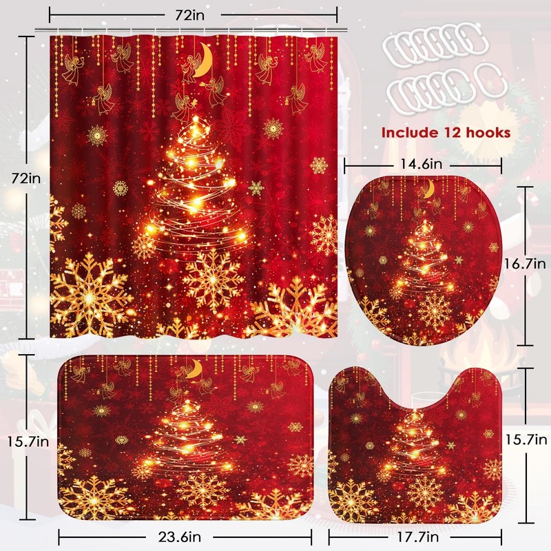 Nesphy Bathroom Sets with Shower Curtain and Rugs, 4 Pcs,Christmas