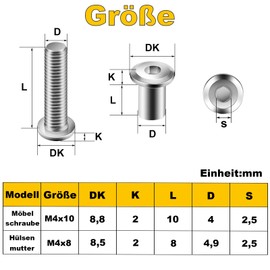 Pack of 20 Connection Screws M4 x 10 mm, Sleeve Screws, Furniture Screws, Furniture Connectors, Cabinet Connectors for Furniture, Cabinets (20 x Furniture Screws, 20 x Sleeve Nuts, 1 x Allen Key)