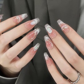 Pure Handmade Nails Press on Nail Reusable Fake Nails Bead Decorated French Cat's Eye Nude Medium Stick on Nails French Tip False Nails 10pcs (M, Q270)