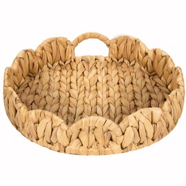 Livofloral Scalloped Edge Round Serving Tray, Handwoven Rattan Tray with Built-in Handles, Decorative Scalloped Basket Tray for Coffee Table, Water Hyacinth Wicker baskets for Ottoman