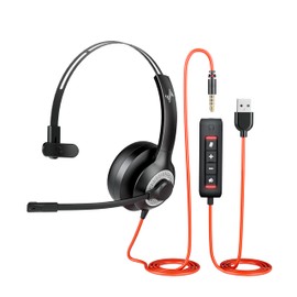 JIAMQISHI USB Headset with Mic for PC, On-Ear Computer Laptop Headphones with Noise Cancelling Microphone in-line Control for Home Office Online Class (USB+3.5mm Single Ear Headset, Black)