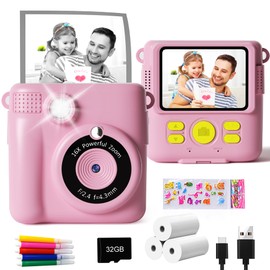 GKTZ Instant Cameras Children - 1080P HD Instant Print of Photos - Birthday Gift for Girls Aged 4 5 6 7 8 9 10 Years - Portable Toy (Pink)