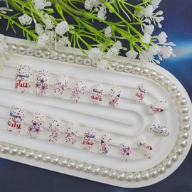 4th of July Press on Nails Medium Square Fake Nails with Stars Designs Glossy Nails Press ons White Acrylic Nails Red Blue Spot Glue on Nails Independence Day Stick on Nails for Women 24Pcs