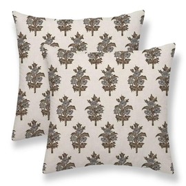 Sunshineyan Brown Gray Floral Pillow Covers 18 x 18 Inch Set of 2, Flower Leaves Block Print Decorations Throw Pillow Covers Outdoor Farmhouse Cushion Case Linen Square Decor for Home Couch Sofa