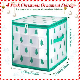 Saintrygo 4 Pcs Christmas Ornament Storage Box Christmas Storage Containers with 64 Compartment Zippered Bauble Ornament Storage Box Vinyl Plastic Ornament Box with Handles, 12 Inch (Tree Style)