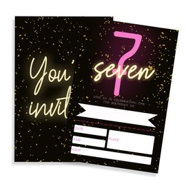 FRRCREU 7th Birthday Invitations, 20 Pcs Glow neon Fill In Invites With Envelopes,7 years old invites For Girls Birthday Celebration, Party Favor And Supplies - A06