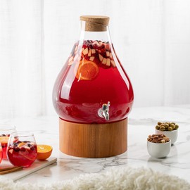 Classic Home Teardrop Clear Glass Ice Cold Beverage Drink Dispenser- 2.75 Gallon, With Cork Lid & Modern Wood Base Leak Proof Spigot- Wide Mouth Easy Filling For Outdoor, Parties & Daily Use