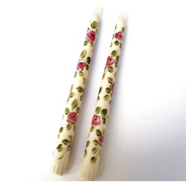 Decorative Battery Operated LED Flickering Flameless Ivory Taper Candles with Hand Painted Pink Roses Shabby Chic Decor
