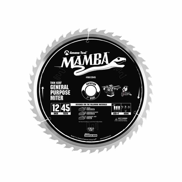 Amana Tool Mamba Series MA12045 General Purpose Miter 12-Inch x 45 Tooth x ATB+F Grind 1-Inch Bore Saw Blade