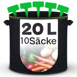 Praknu Plant Bag 20 L - Pack of 10 Non-Woven Fabric with Plant Labels for Labelling with Handle - For Herbs, Flowers and Strawberries