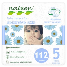 Nateen Premium Baby Diapers, Overnight Use Disposable Diapers for Sensitive Skin, Ultra Thin Diapers with Comfortable Fit. Size 5 (X-Large), 112, Count.