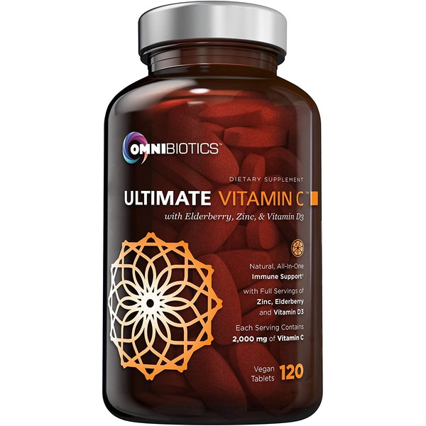 Ultimate Vitamin C 2000 mg with Full Servings of Zinc, Elderberry, & Vitamin D3 - Advanced Immune Support & Antioxidant Supplement - 120 Vegan Tablets