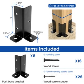 Muzata 8Pack Adjustable Post Base Brackets Deck Post Anchor Fit 1.5x1.5,2x2,2x4,4x4 Post Heavy Duty Wood Fence Pergola Post Base Support Black Half Column for Deck Railing Mailbox WT32