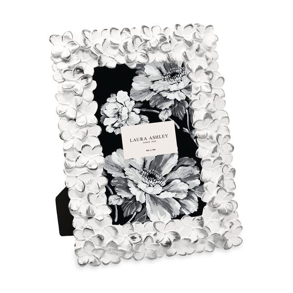 Laura Ashley 4x6 White & Silver Flower Textured Hand-Crafted Resin Picture Frame w/Easel & Hook for Tabletop & Wall Display, Decorative Floral Design Home Décor, Photo Gallery, Art (4x6, White/Silver)
