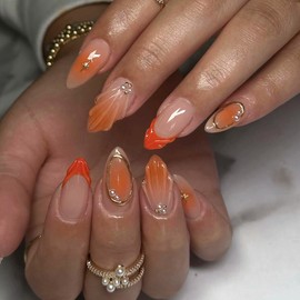 MERVF Almond Press on Nails Medium Fake Nails Orange French Tip Glue on Nails 3D Shell Design Water Ripple Press ons Gold Pearls Fantasy Stiletto Acrylic Nails 30pcs Glossy