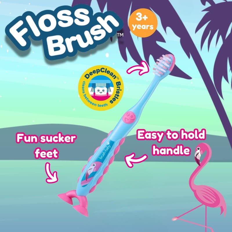Brush-Baby Flamingo FlossBrush™ Bristles Toothbrushes 3-6 Years - Pack of